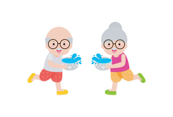 Songkran festival old people thai splashing, Traditional happy thai new year, senior man and woman in Thailand cartoon flat style Illustration