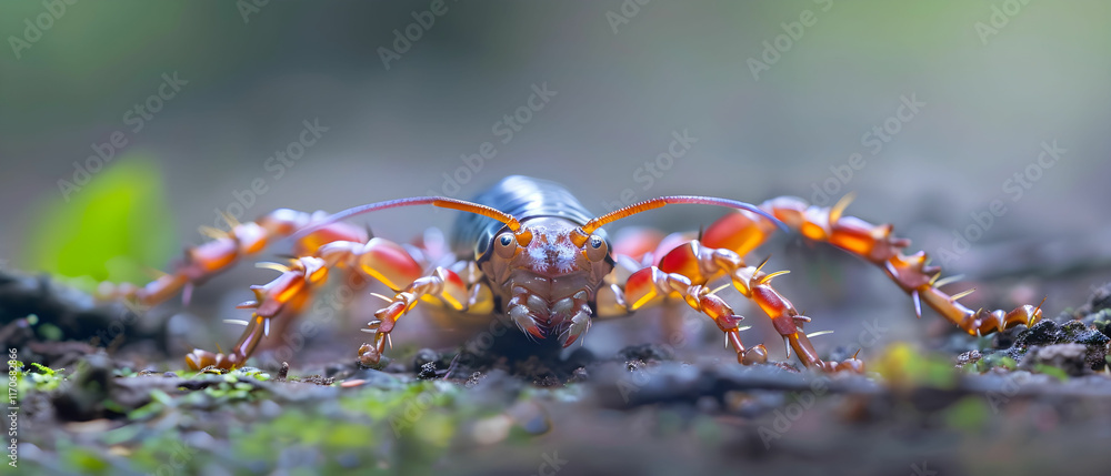 Poster vibrant close-up of a unique insect with colorful body and intricate details in natural environment