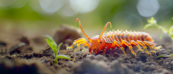 Obraz premium Vibrant Orange Insect Crawling on Earth Surrounded by Greenery with Soft Focus Background in Nature Setting