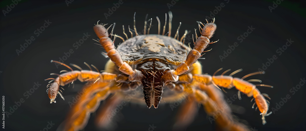 Aufkleber close-up of a tick on a dark background with detailed textures and features highlighted in sharp foc