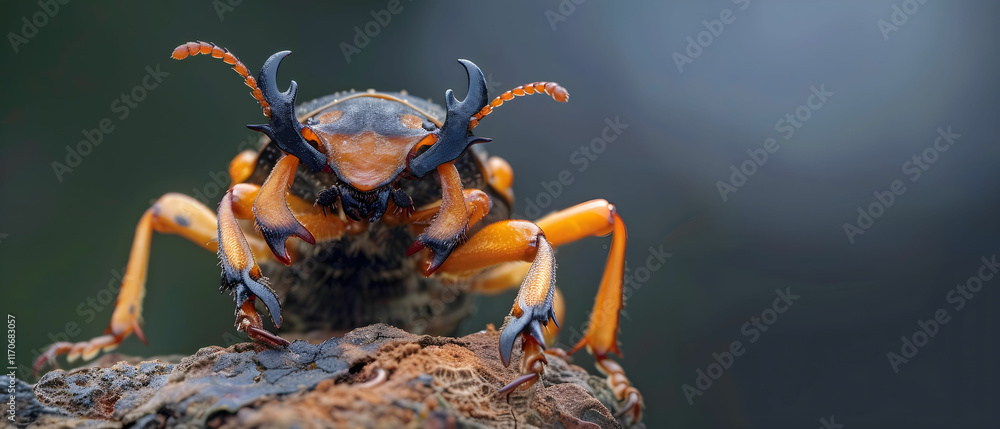 Poster close-up of an unusual insect with unique features on a tree bark background