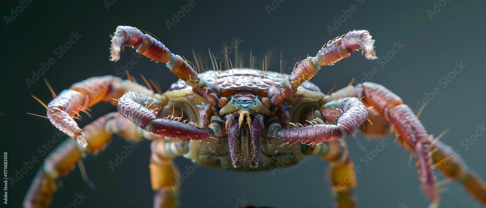 Poster close-up of a macro crab with intricate details and vibrant colors against a soft background