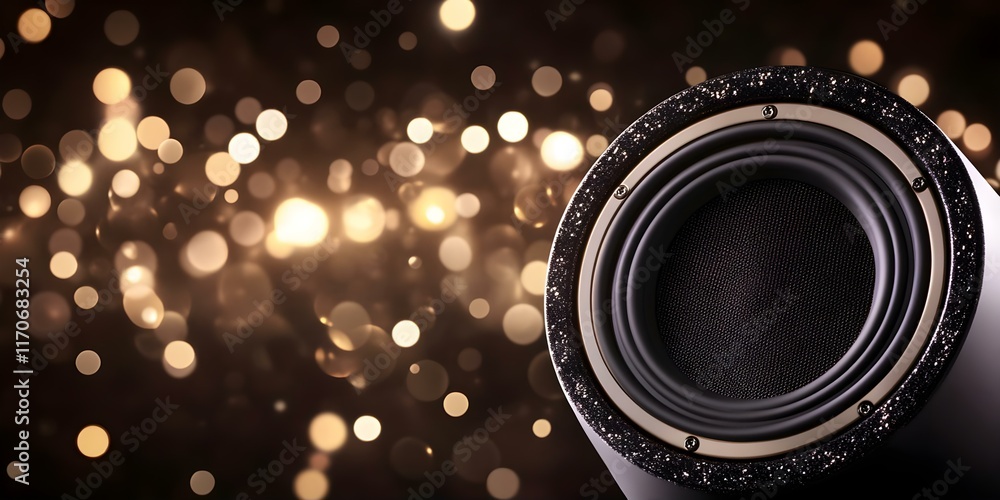 Poster a close-up of a speaker cone with a blurred, bokeh background of golden lights. concept speaker cone