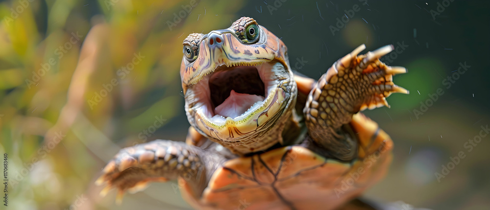 Poster captivating close-up of joyful turtle with wide open mouth in underwater habitat displaying vibrant 