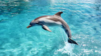 A happy dolphin jumping high above the crystal clear water.