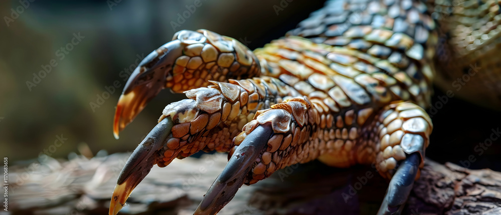 Poster detailed close-up of a lizard's claw showcasing intricate scales and sharp talons