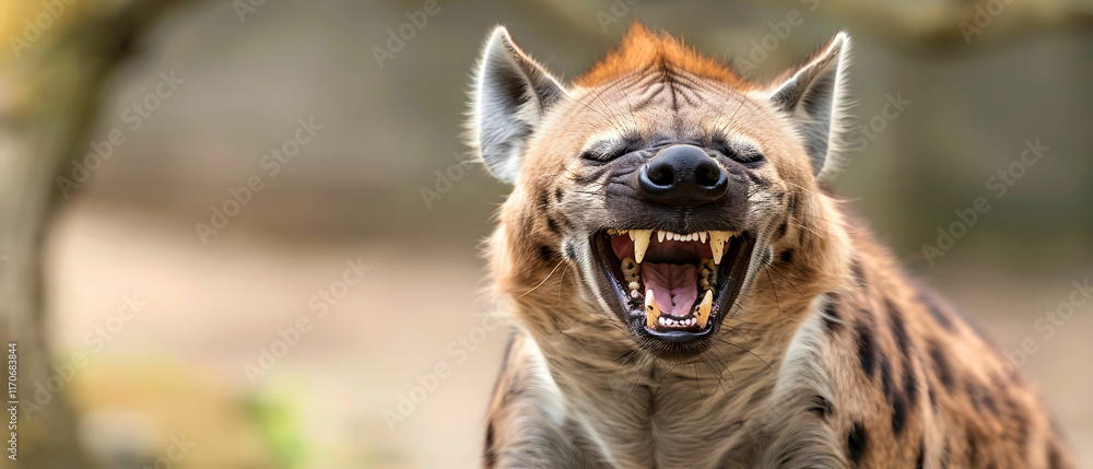Poster close-up portrait of a laughing hyena with an open mouth displaying sharp teeth in a natural habitat