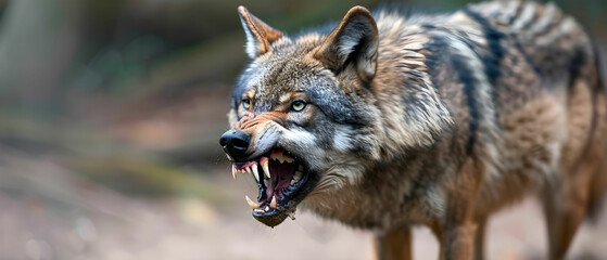 Obraz premium Fierce Gray Wolf Exhibiting Aggression in Natural Habitat with Showcased Teeth and Intense Gaze