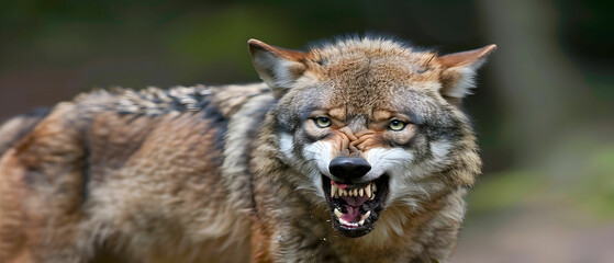 Obraz premium Aggressive Wild Wolf Displaying Teeth in Natural Habitat During Daylight Hours