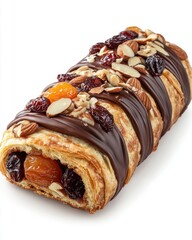 A delectable pastry filled with dried fruits and nuts, topped with rich chocolate drizzle.