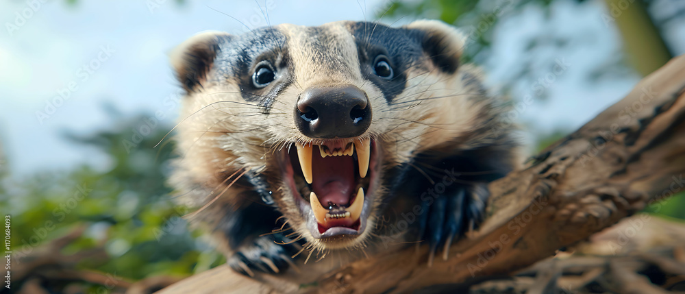 Poster ferocious badger displaying sharp teeth in nature's habitat with intense expression