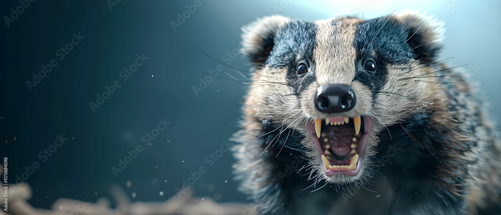Poster fierce badger with bared teeth displaying aggressive expression in natural habitat under soft lighti
