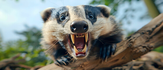 Obraz premium Ferocious Badger Displaying Sharp Teeth in Nature's Habitat with Intense Expression