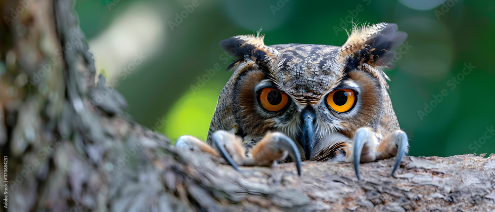 Poster majestic owl perched on tree bark with striking orange eyes and intricate feather patterns in nature