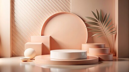 Fototapeta premium Minimalist Peach and Cream Geometric Background with Podium for Product Display in Drone Photography Style