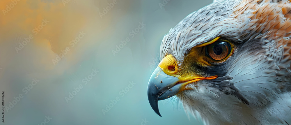 Poster majestic close-up of a falcon with intricate feather patterns and intense gaze against a soft colore
