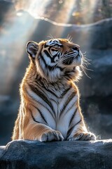 A majestic tiger gazes upward, illuminated by soft rays of light in a serene environment.