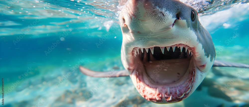 Poster close-up of a majestic shark in clear ocean waters with open mouth displaying sharp teeth and intens