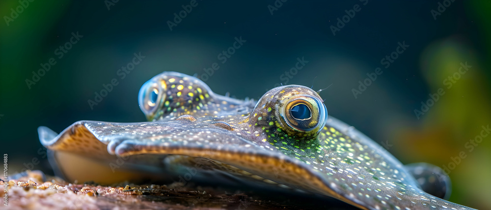 Aufkleber close-up view of an enigmatic and colorful freshwater fish with unique eye structure in clear aquati