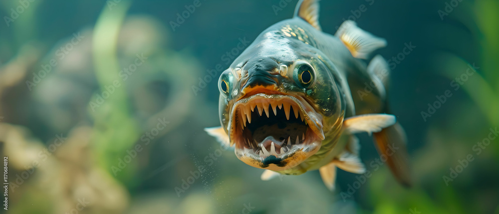 Poster close-up of fierce freshwater fish displaying sharp teeth and intense expression in underwater envir
