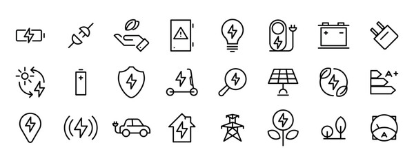 Energy vector set. Green energy line icons set - editable stroke vector. Energy Saving outline icon set. Green energy line icons set