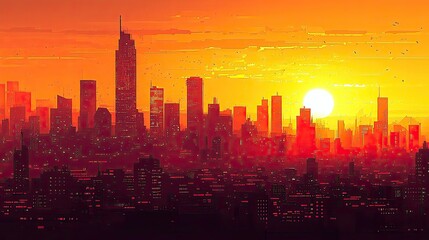 Fototapeta premium Sunset cityscape silhouette with orange and red hues.