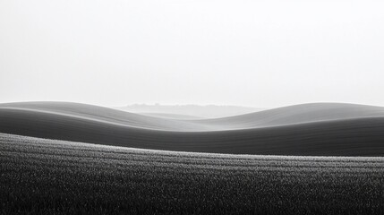 Monochromatic landscape of rolling hills and fields under a hazy sky.