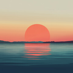 A serene sunset scene with vibrant orange and red hues, a large sun over a calm water surface, and a solitary figure. Ideal for themes of solitude, nature, and tranquility