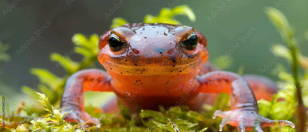 Poster close-up of vibrant newt on lush green moss in natural habitat setting with soft focus background