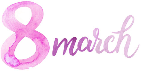 Pink watercolor design, March 8 celebration, International Women's Day, elegant typography, festive style.