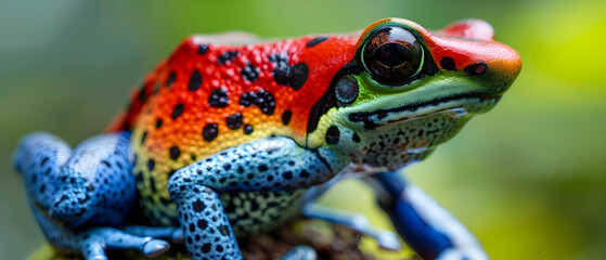 Obraz premium Vibrant Red and Blue Frog Sitting on a Branch in Lush Green Jungle Environment