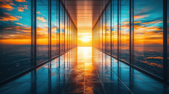 Sunset view through glass corridor.