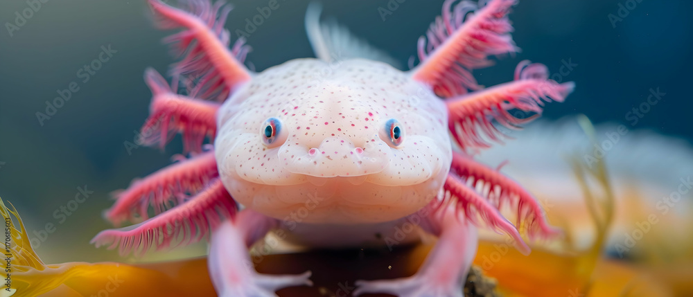 Poster Close-up View of a Colorful Axolotl with Distinctive Features Swimming in a Freshwater Environment