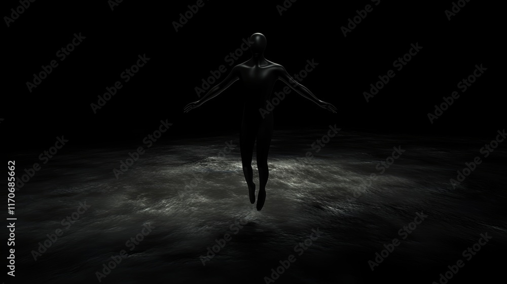 Poster mysterious silhouette of floating figure in dark atmospheric environment with subtle light