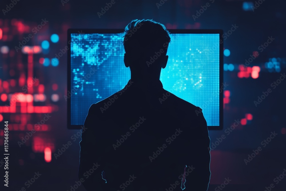 Poster business silhouette standing in front of computer display screen