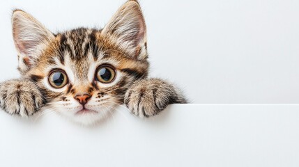 Adorable tabby kitten peeking over white banner.
