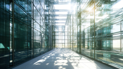Sunlit modern glass building corridor.