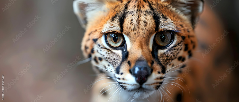 Poster close-up portrait of a striking wildcat with distinctive fur pattern and intense eyes in natural hab