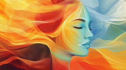 Abstract Portrait of a Woman with Vibrant Flowing Hair in Warm and Cool Tones