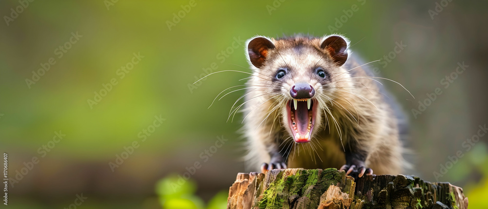 Poster close-up of a wild animal with an expressive face, showing teeth while standing on a tree stump in a