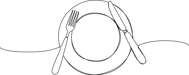 continuous line drawing of fork and knife on plate, line art vector illustration