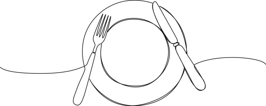 continuous line drawing of fork and knife on plate, line art vector illustration