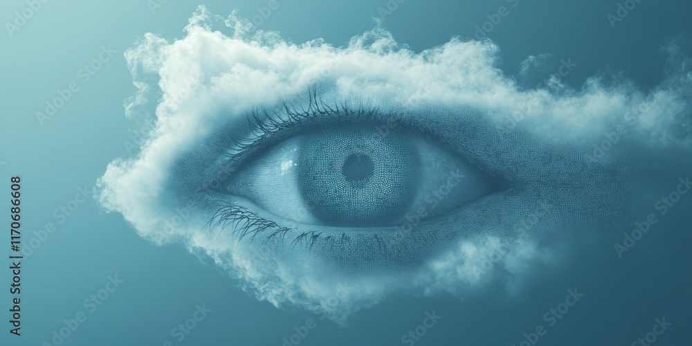 Poster floating cloud eye symbol representing data visualization and digital concepts in abstract art