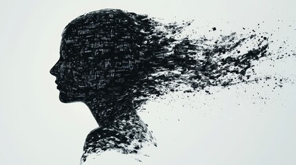 Abstract Portrait of a Woman with Flowing Hair Made of Ink and Urban Elements