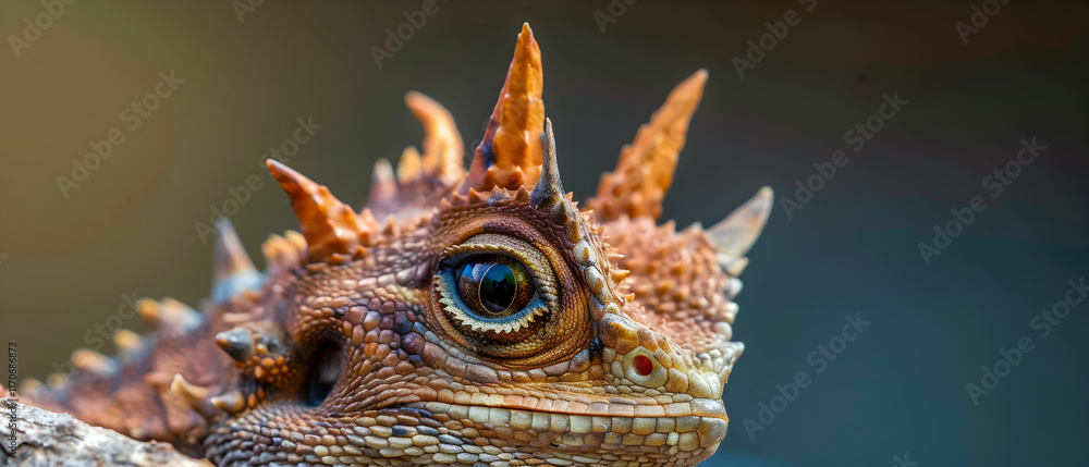 Poster captivating close-up of a unique horned lizard displaying distinctive spikes and vivid colors in nat