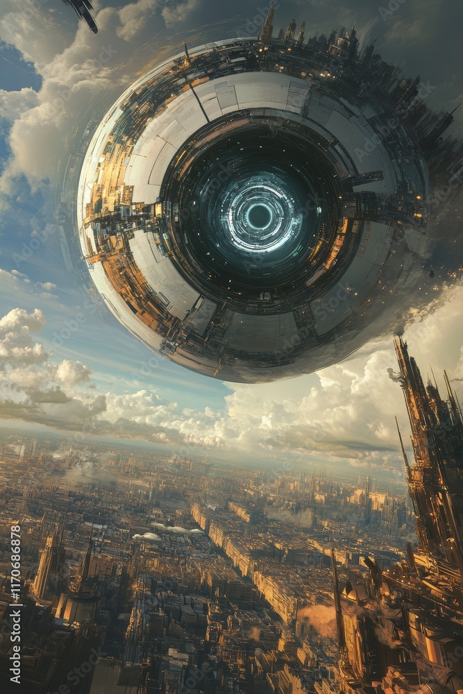 Aufkleber futuristic cityscape with massive floating structure and advanced architecture under a dramatic sky