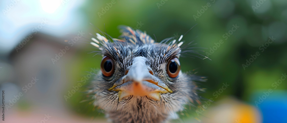 Aufkleber close-up view of a curious bird with intricate feathers and bright eyes in a natural setting