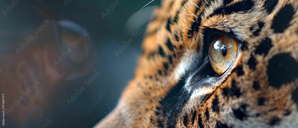Poster close-up view of a jagged leopard eye showcasing intricate patterns and striking colors in nature's 