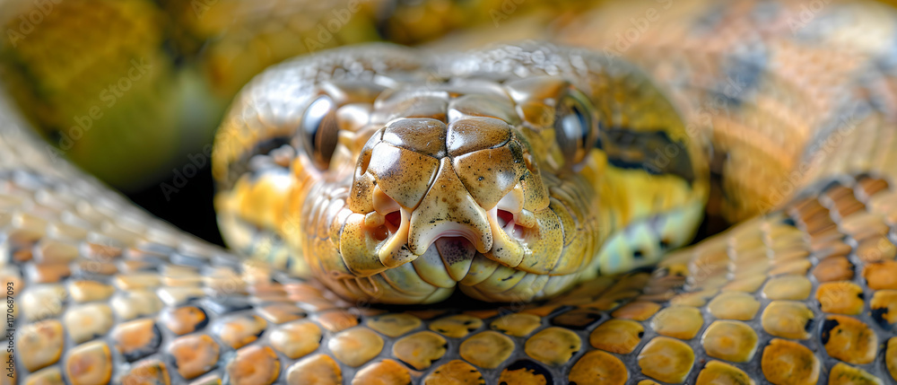 Aufkleber close-up view of a textured yellow and brown snake with intricate scale patterns and sharp eyes