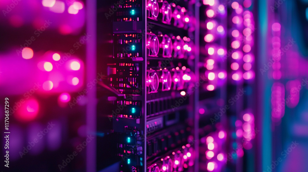 Poster vibrant led-lit server center showcasing advanced technology setup. generative ai